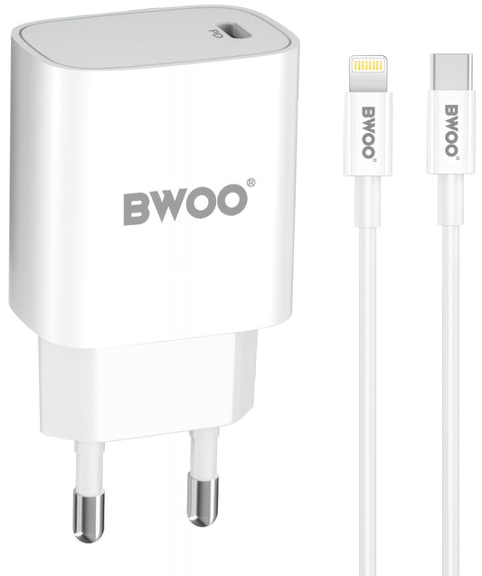 Caricabatterie da Rete con Cavo Lightning BWOO CDA159, 20W, 3A, 1 x USB-C, Bianco