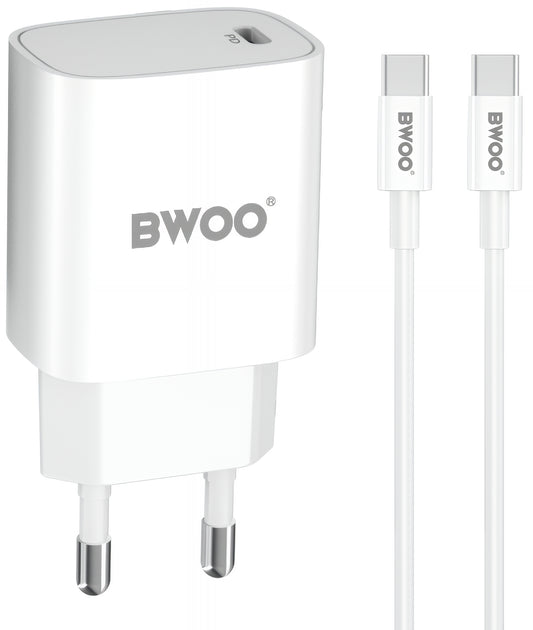 Caricabatterie da Rete con Cavo USB-C BWOO CDA159, 20W, 3A, 1 x USB-C, Bianco