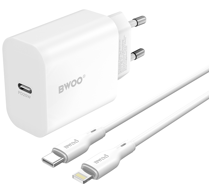 Caricabatterie Rete Con Cavo Lightning BWOO CDA233, 20W, 3A, 1 x USB-C, Bianco