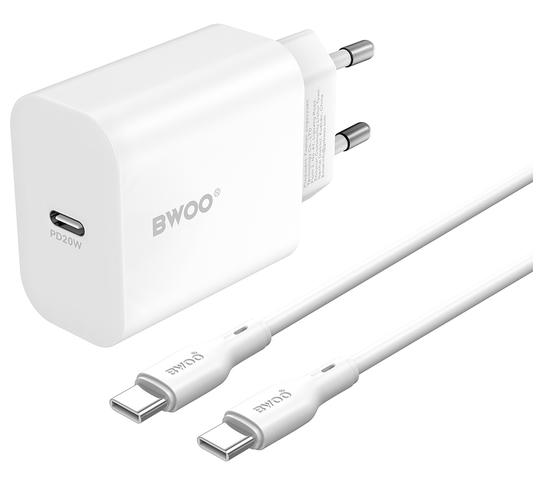 Caricabatterie Rete Con Cavo USB-C BWOO CDA233, 20W, 3A, 1 x USB-C, Bianco