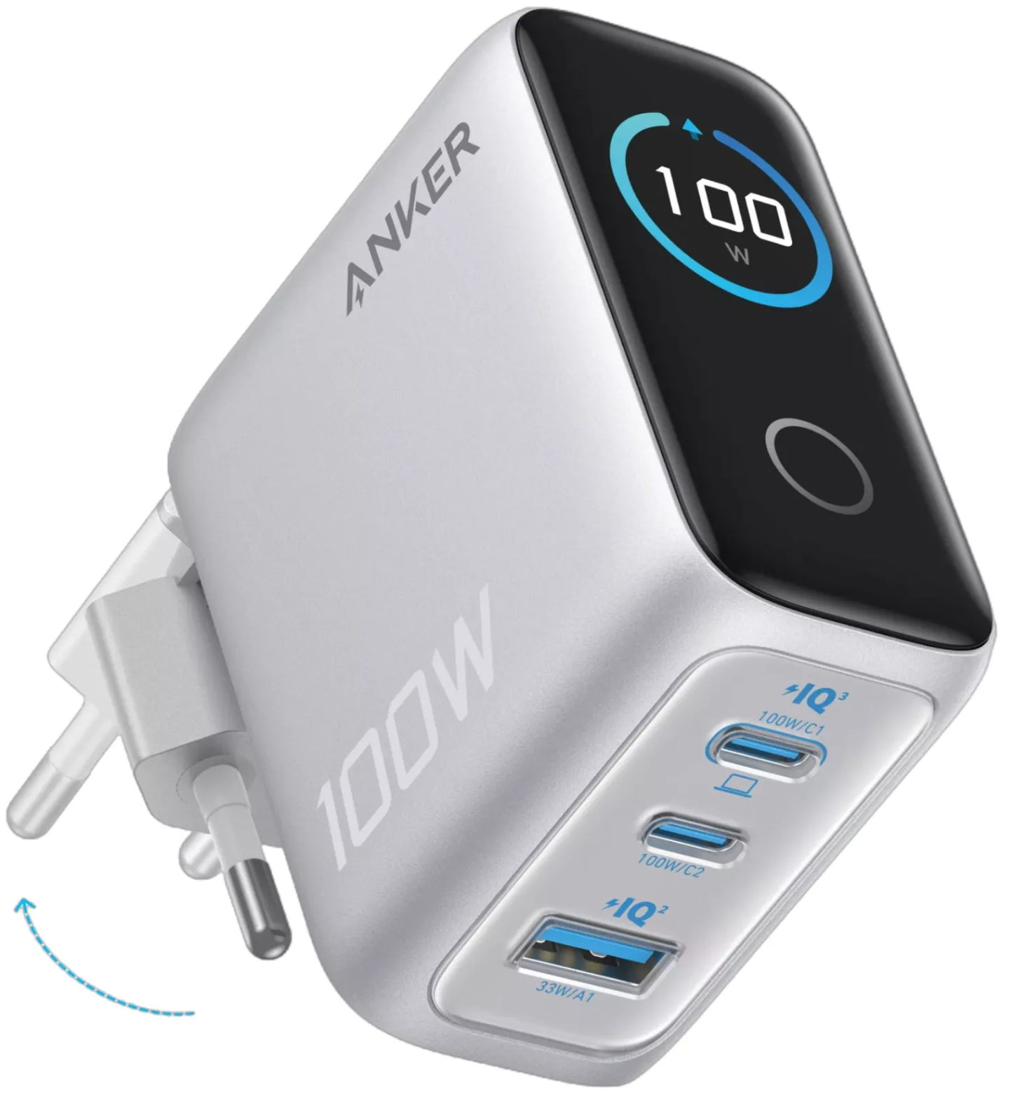 Caricabatterie da rete con cavo USB-C Anker Smart Display, 100W, 5A, 1 x USB-A - 2 x USB-C, Argento B121BG41