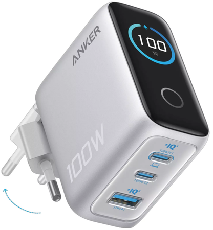 Caricabatterie da rete con cavo USB-C Anker Smart Display, 100W, 5A, 1 x USB-A - 2 x USB-C, Argento B121BG41