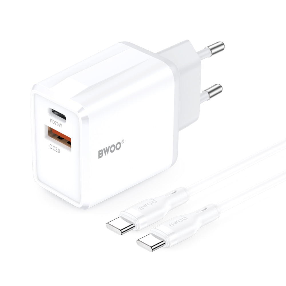 Caricabatterie da Rete con Cavo USB-C BWOO CDA182, 38W, 3A, 1 x USB-A - 1 x USB-C, Bianco