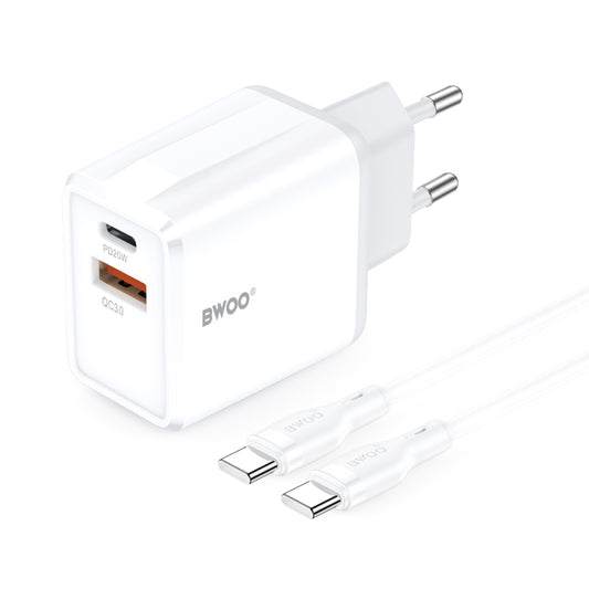 Caricabatterie da Rete con Cavo USB-C BWOO CDA182, 38W, 3A, 1 x USB-A - 1 x USB-C, Bianco