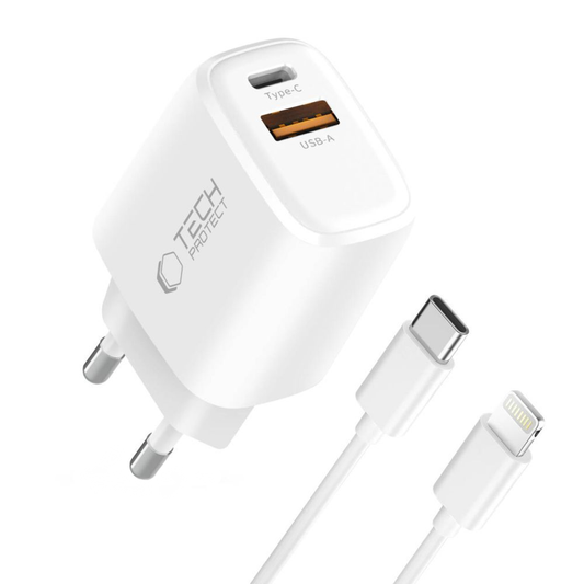 Caricatore da rete con cavo Lightning Tech-Protect NCA20, 20W, 3A, 1 x USB-A - 1 x USB-C, Bianco