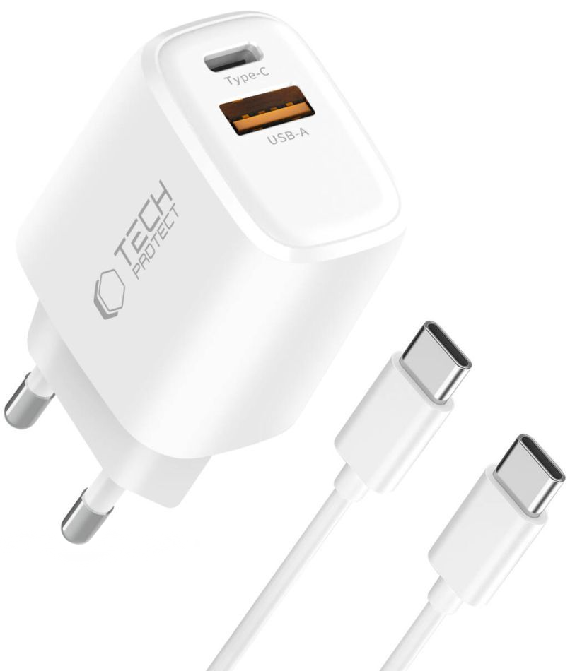 Caricatore da Rete con Cavo USB-C Tech-Protect NCA20, 20W, 3A, 1 x USB-A - 1 x USB-C, Bianco