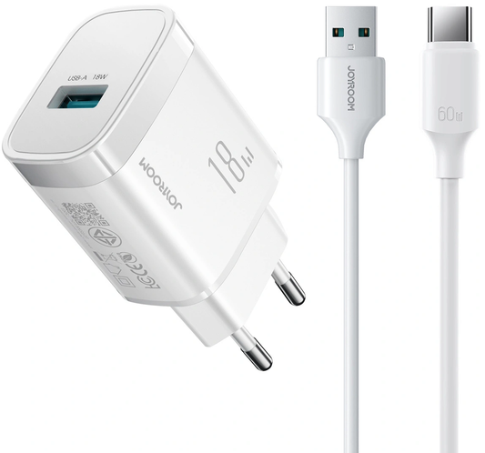 Caricatore da Rete con Cavo USB-C Joyroom JR-TF4, 18W, 3A, 1 x USB-A, Bianco