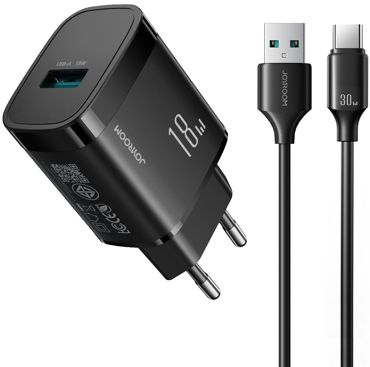Caricatore da Rete con Cavo USB-C Joyroom JR-TF4, 18W, 3A, 1 x USB-A, Nero
