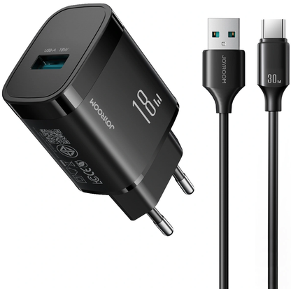 Caricatore da Rete con Cavo USB-C Joyroom JR-TF4, 18W, 3A, 1 x USB-A, Nero