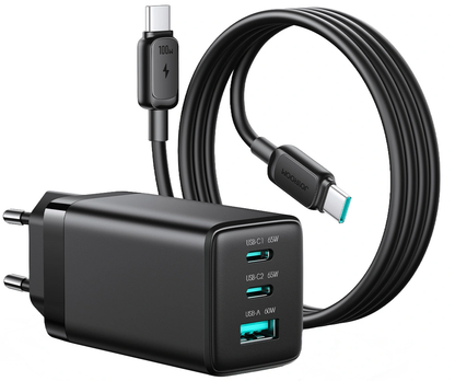 Caricatore da rete con cavo USB-C Joyroom JR-TG10, 65W, 3.25A, 1 x USB-A - 2 x USB-C, Nero