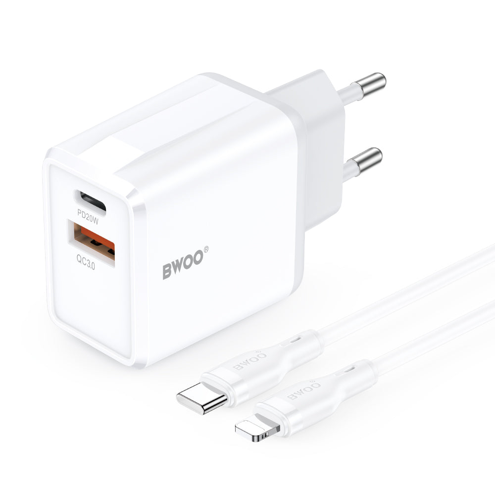 Caricatore da Rete con Cavo Lightning BWOO CDA182, 38W, 3A, 1 x USB-A - 1 x USB-C, Bianco