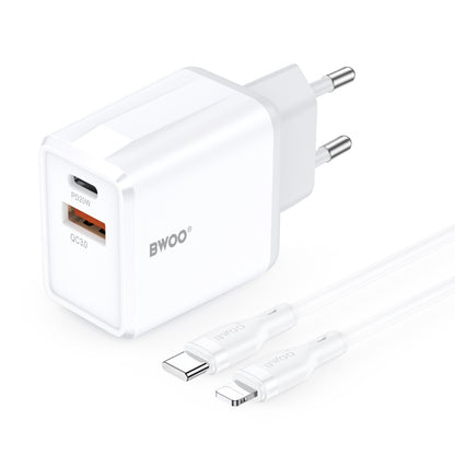 Caricatore da Rete con Cavo Lightning BWOO CDA182, 38W, 3A, 1 x USB-A - 1 x USB-C, Bianco