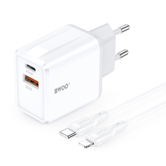 Caricatore da Rete con Cavo Lightning BWOO CDA182, 38W, 3A, 1 x USB-A - 1 x USB-C, Bianco