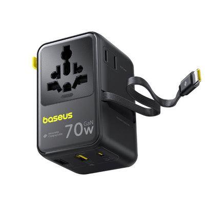 Caricatore da rete con cavo USB-C Baseus Travel EnerCore CG11, 70W, 2 x Presa - 1 x USB-C - 2 x USB-A, Nero E0307E00