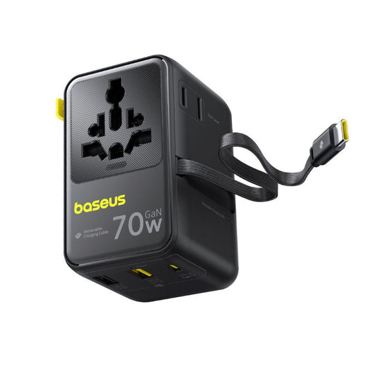 Caricatore da rete con cavo USB-C Baseus Travel EnerCore CG11, 70W, 2 x Presa - 1 x USB-C - 2 x USB-A, Nero E0307E00