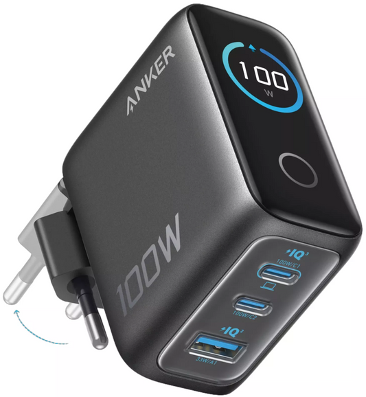 Caricatore da rete con cavo USB-C Anker Smart Display, 100W, 5A, 1 x USB-A - 2 x USB-C, Grigio, Ricondizionato B121BGZ1