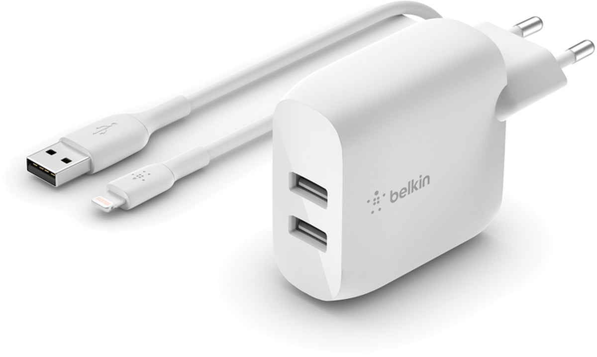 Belkin BoostCharge Dual USB-C Cable Wall Charger, 24W, 2.4A, 2 x USB-A, White WCE001vf1MWH