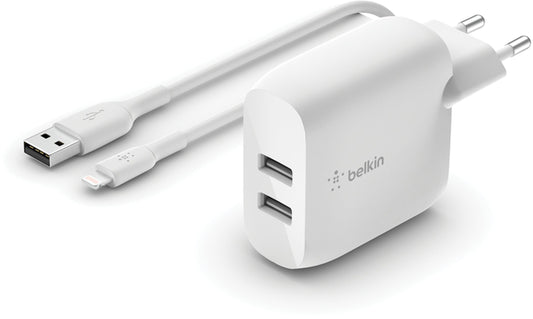 Caricatore da rete con cavo USB-C Belkin BoostCharge Dual, 24W, 2.4A, 2 x USB-A, Bianco WCE001vf1MWH