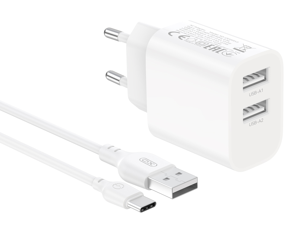 Caricabatterie da rete con cavo USB-C XO Design CE55, 12 W, 2,4 A, 2 x USB-A, bianco