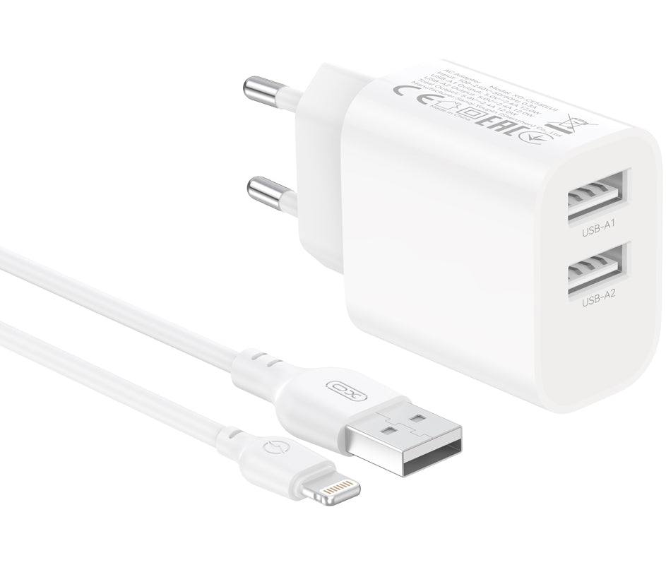 Caricatore da rete con cavo Lightning XO Design CE55, 12 W, 2,4 A, 2 x USB-A, bianco
