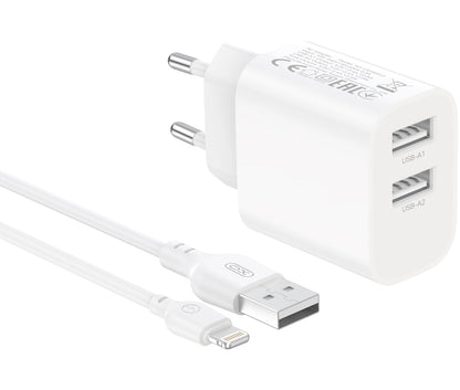 Caricatore da rete con cavo Lightning XO Design CE55, 12 W, 2,4 A, 2 x USB-A, bianco