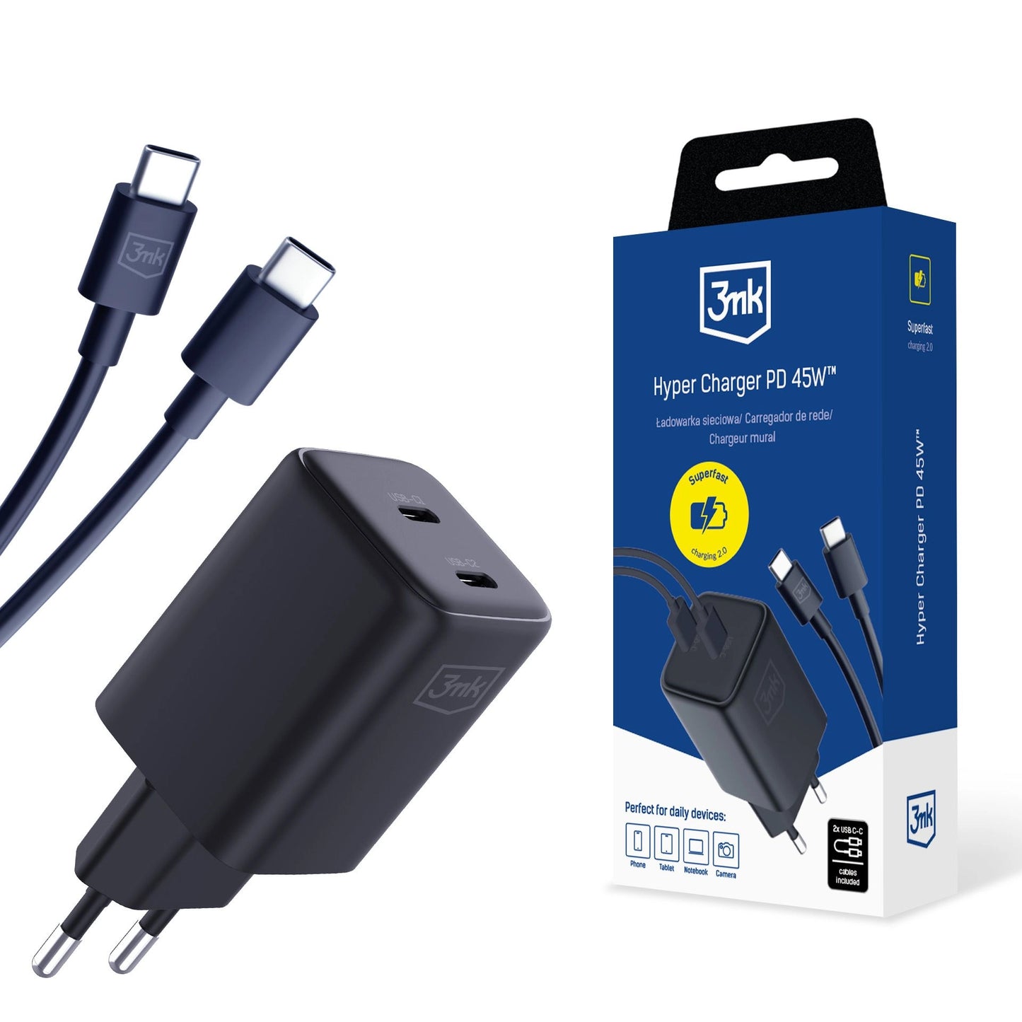 Caricabatterie di rete 3MK HyperCharger con cavo USB-C, 45W, 3A, 2 x USB-C, nero 