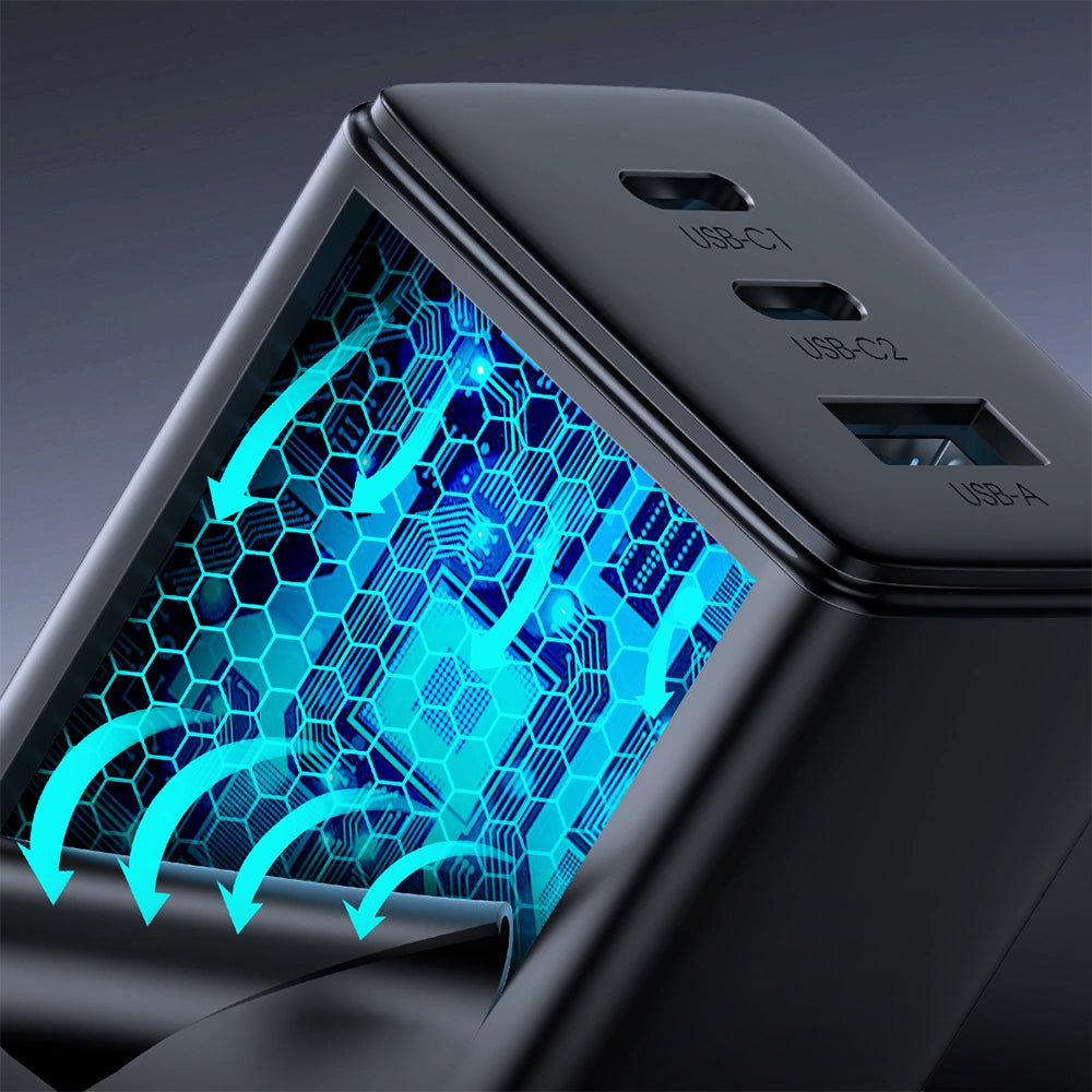 Caricabatterie Rete Con Cavo USB-C Joyroom TCG01, 65W, 3.25A, 1 x USB-A - 2 x USB-C, Nero