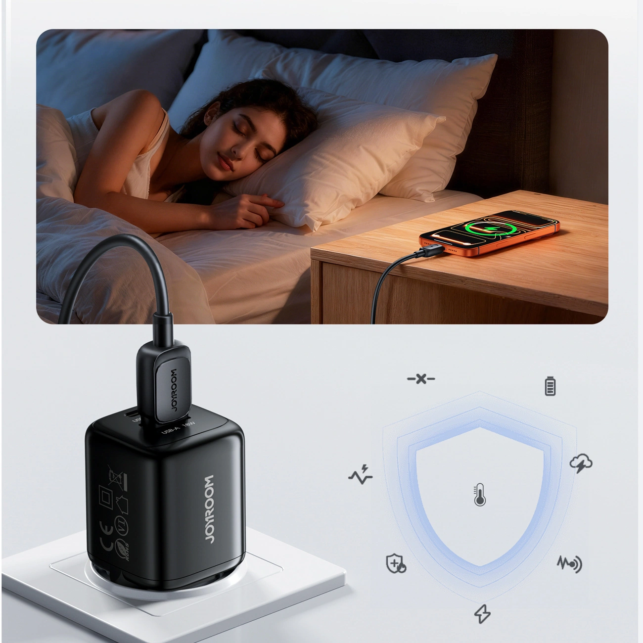 Caricatore da rete con cavo USB-C Joyroom JR-TG7, 33W, 3A, 1 x USB-A - 1 x USB-C, Nero