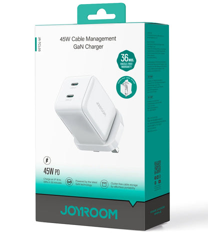 Caricabatterie Rete con Cavo USB-C Joyroom JR-TCL05, 45W, 3A, 2 x USB-C, Bianco