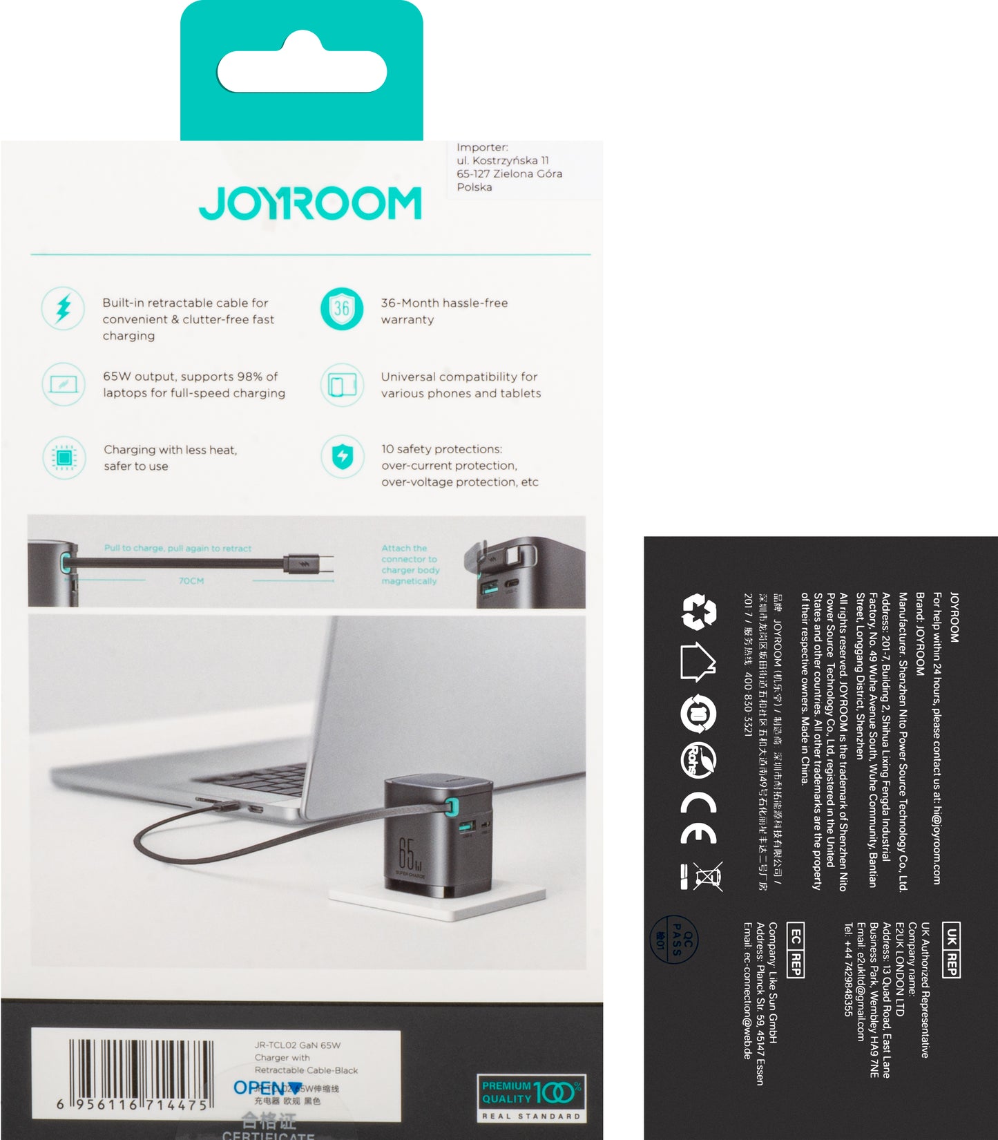 Joyroom JR-TCL02 Caricatore di rete con cavo USB-C JR-TCL02, 65W, 3A, 1 x USB-A - 1 x USB-C, nero 