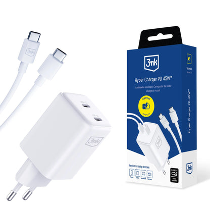 Caricabatterie di rete 3MK HyperCharger con cavo USB-C, 45W, 3A, 2 x USB-C, bianco 