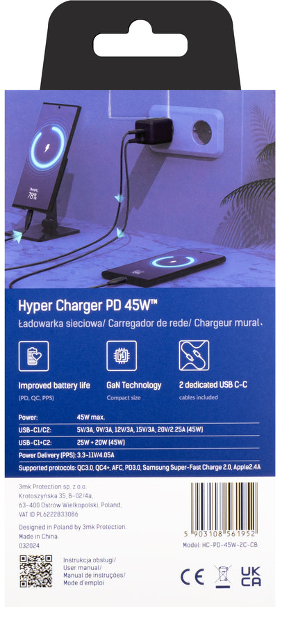 Caricabatterie di rete 3MK HyperCharger con cavo USB-C, 45W, 3A, 2 x USB-C, nero 