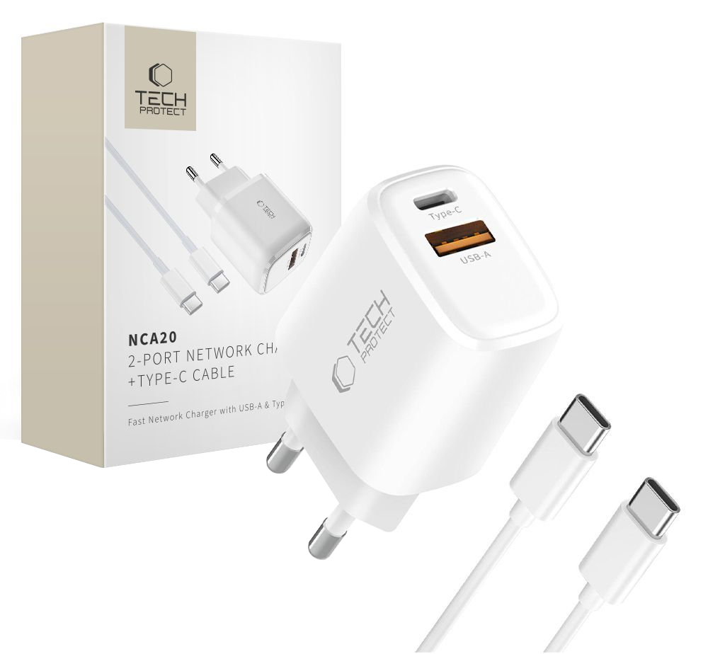 Caricatore da Rete con Cavo USB-C Tech-Protect NCA20, 20W, 3A, 1 x USB-A - 1 x USB-C, Bianco