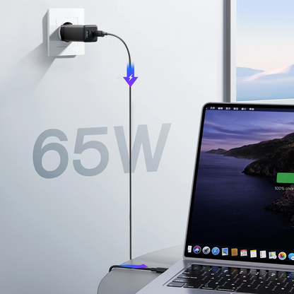 Caricatore da rete con cavo USB-C Joyroom JR-TG10, 65W, 3.25A, 1 x USB-A - 2 x USB-C, Nero