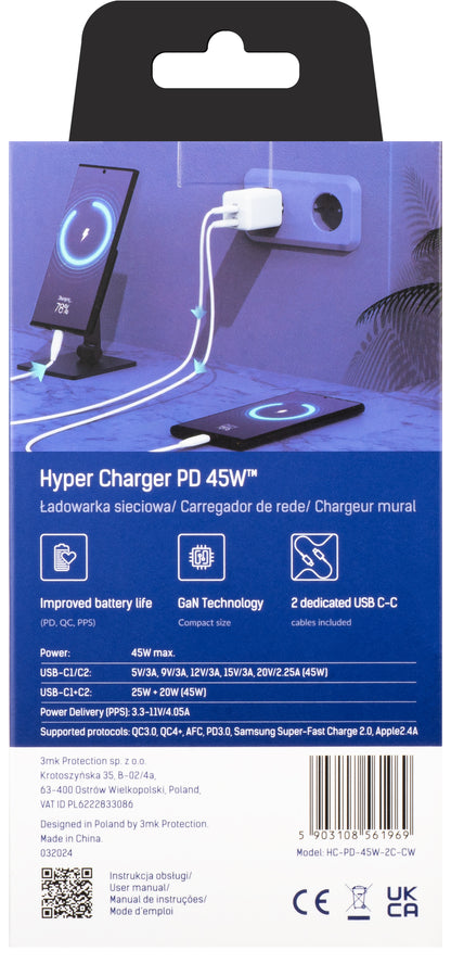 Caricabatterie di rete 3MK HyperCharger con cavo USB-C, 45W, 3A, 2 x USB-C, bianco 