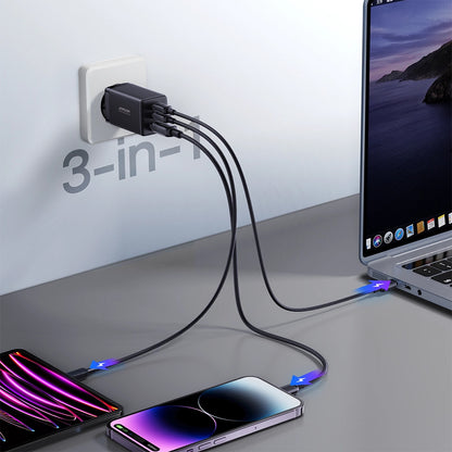 Caricabatterie Rete Con Cavo USB-C Joyroom TCG01, 65W, 3.25A, 1 x USB-A - 2 x USB-C, Nero