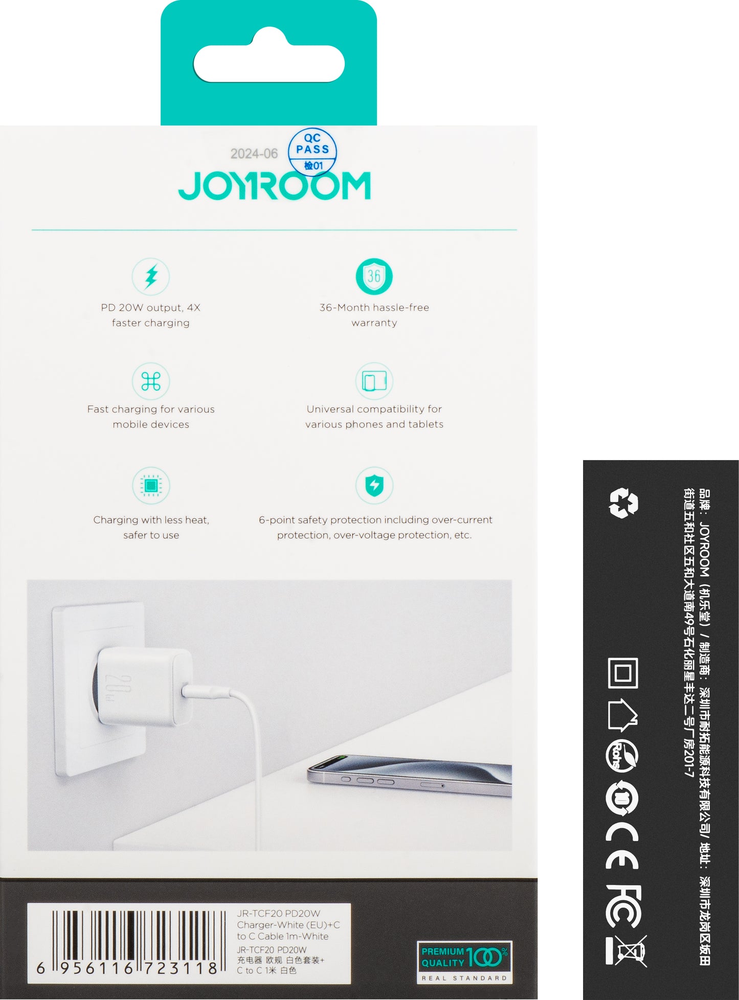 Caricabatterie da Rete con Cavo USB-C Joyroom JR-TCF20, 20W, 3A, 1 x USB-C, Bianco