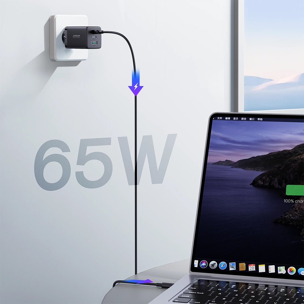 Caricabatterie Rete Con Cavo USB-C Joyroom TCG01, 65W, 3.25A, 1 x USB-A - 2 x USB-C, Nero
