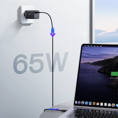 Caricabatterie Rete Con Cavo USB-C Joyroom TCG01, 65W, 3.25A, 1 x USB-A - 2 x USB-C, Nero