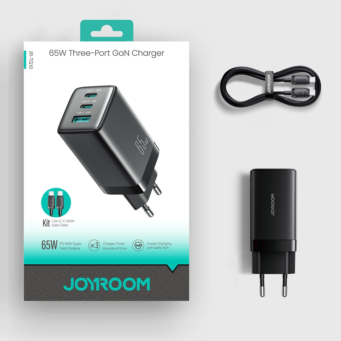 Caricatore da rete con cavo USB-C Joyroom JR-TG10, 65W, 3.25A, 1 x USB-A - 2 x USB-C, Nero