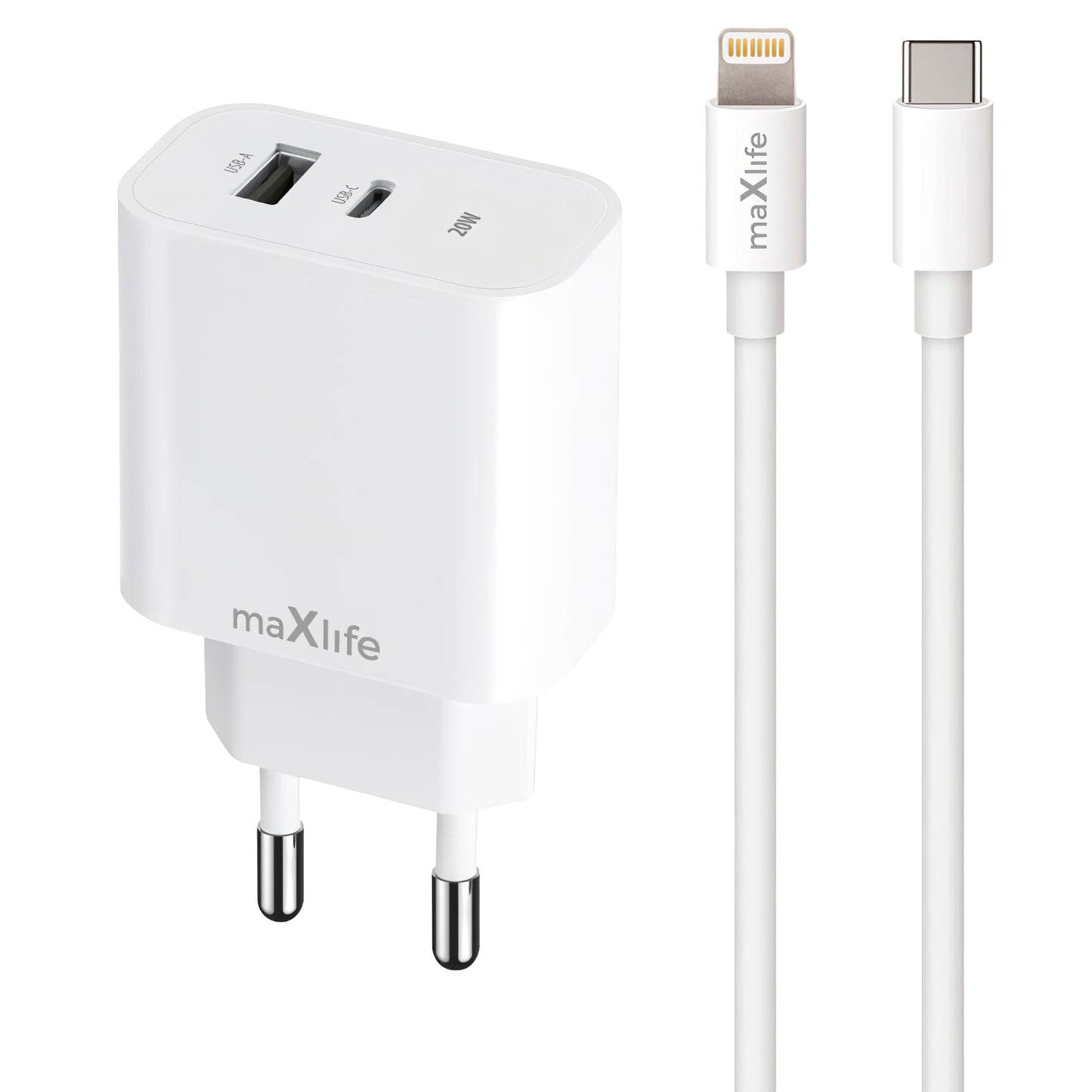 MaXlife MXTC-06-20AC MaXlife MXTC-06-20AC Caricatore di rete con cavo Lightning, 20W, 3A, 1 x USB-A - 1 x USB-C, Bianco 