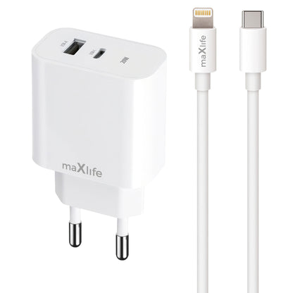 MaXlife MXTC-06-20AC MaXlife MXTC-06-20AC Caricatore di rete con cavo Lightning, 20W, 3A, 1 x USB-A - 1 x USB-C, Bianco 