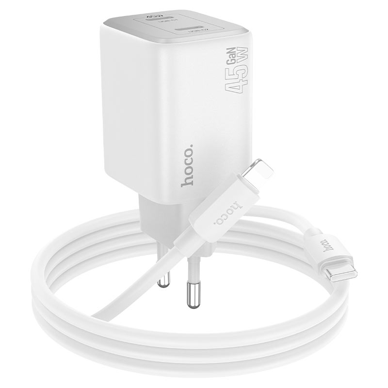 Caricatore di rete con cavo Lightning HOCO N42, 45W, 3A, 2 x USB-C, bianco 