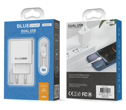 Blue Power BPCE02C Caricatore di rete con cavo USB-C BPCE02C, 10,5W, 2,1A, 2 x USB-A, bianco