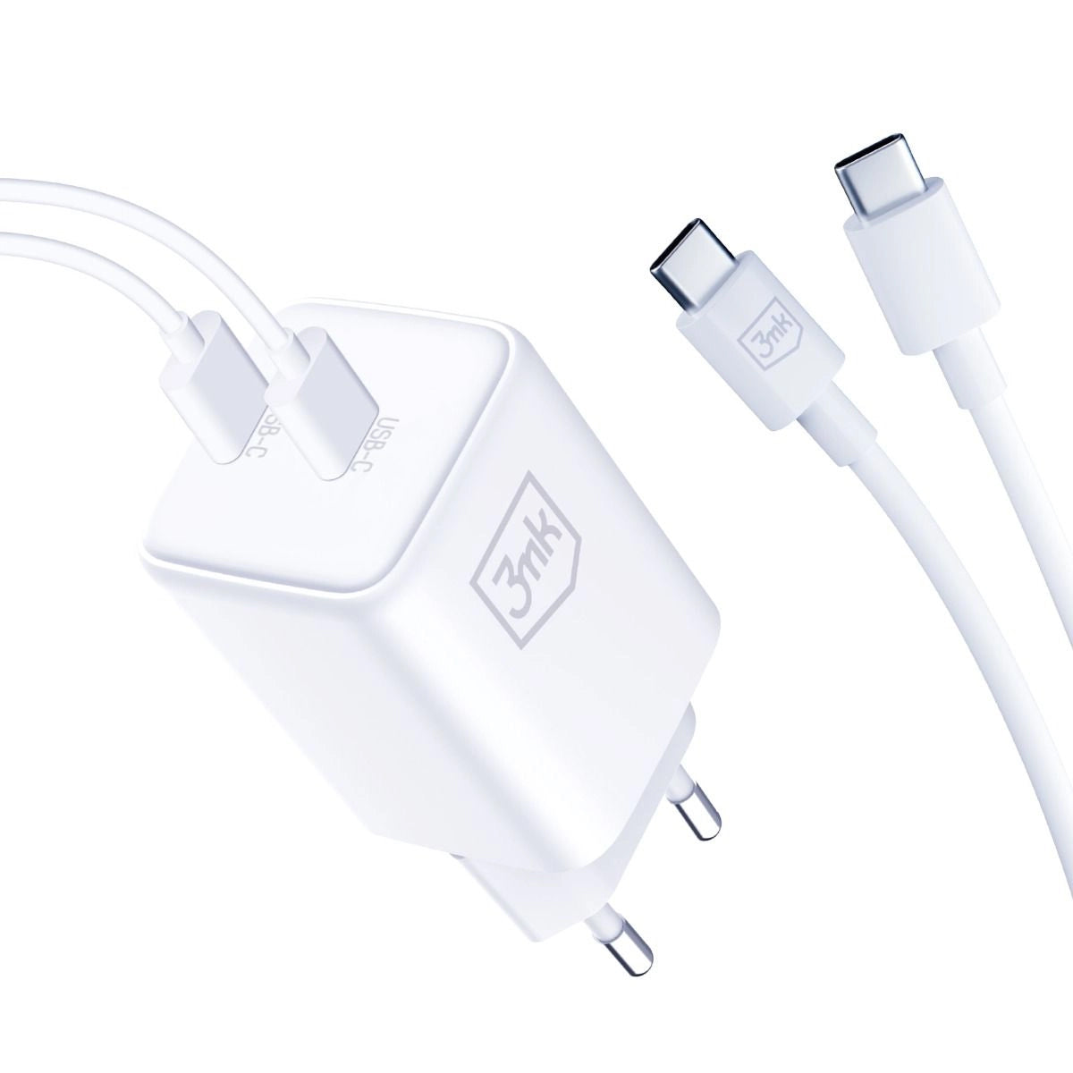 Caricabatterie di rete 3MK HyperCharger con cavo USB-C, 45W, 3A, 2 x USB-C, bianco 