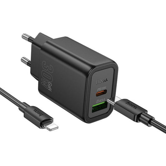 Caricabatterie da Rete con Cavo Lightning HOCO N63, 30W, 3A, 1 x USB-A - 1 x USB-C, Nero