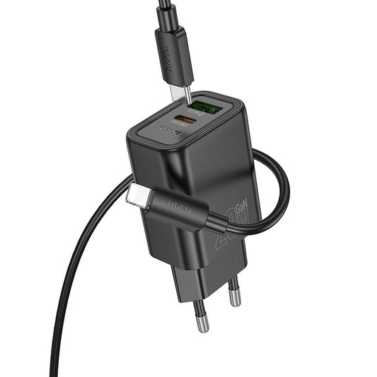 Caricabatterie da rete con cavo USB-C HOCO N61, 20W, 3A, 1 x USB-A - 1 x USB-C, Nero