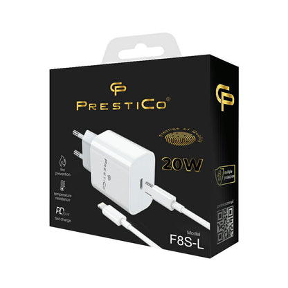 Caricabatterie da rete con cavo Lightning Prestico F8S, 20W, 3A, 1 x USB-C, Bianco
