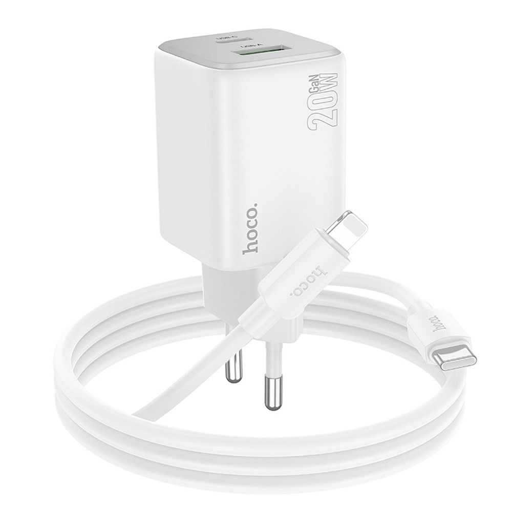 Caricabatterie da rete con cavo Lightning HOCO N41, 20W, 3A, 1 x USB-A - 1 x USB-C, Bianco
