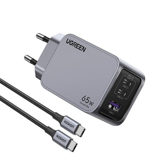 Caricabatterie da Rete con Cavo USB-C UGREEN X755 Nexode Pro, 65W, 3A, 1 x USB-A - 2 x USB-C, Grigio